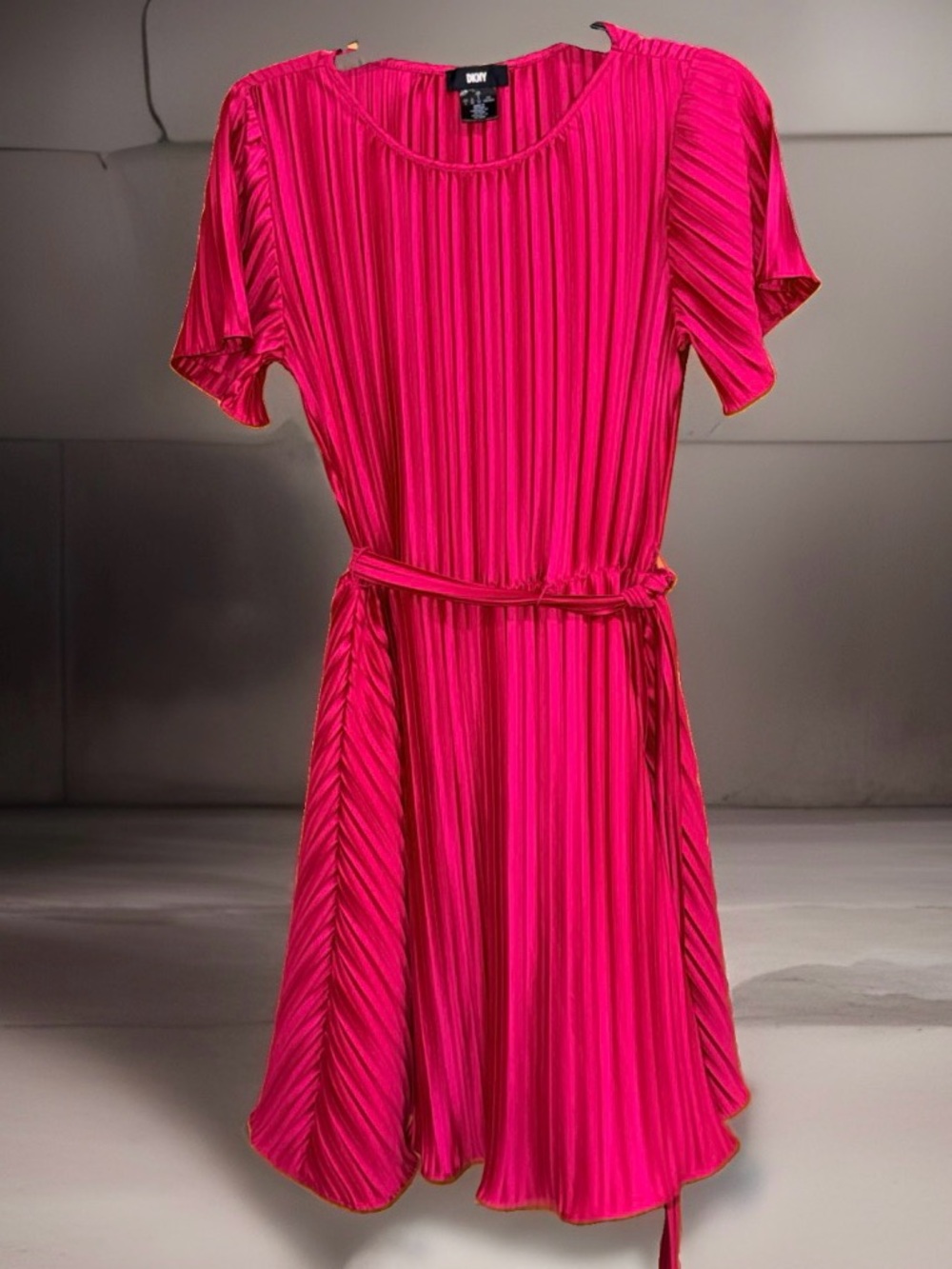 Dkny Women’s Flamingo Pink Pleated Pop Over Midi Dress with Tie Belt-2-EC